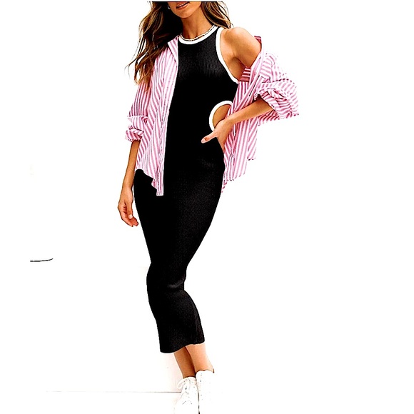 ⭐️KNIT DRESS⭐️RIBBED BODYCON DRESS W/CONTRAST WHITE PIPING & CUTOUTS SIZE SMALL - Picture 5 of 5